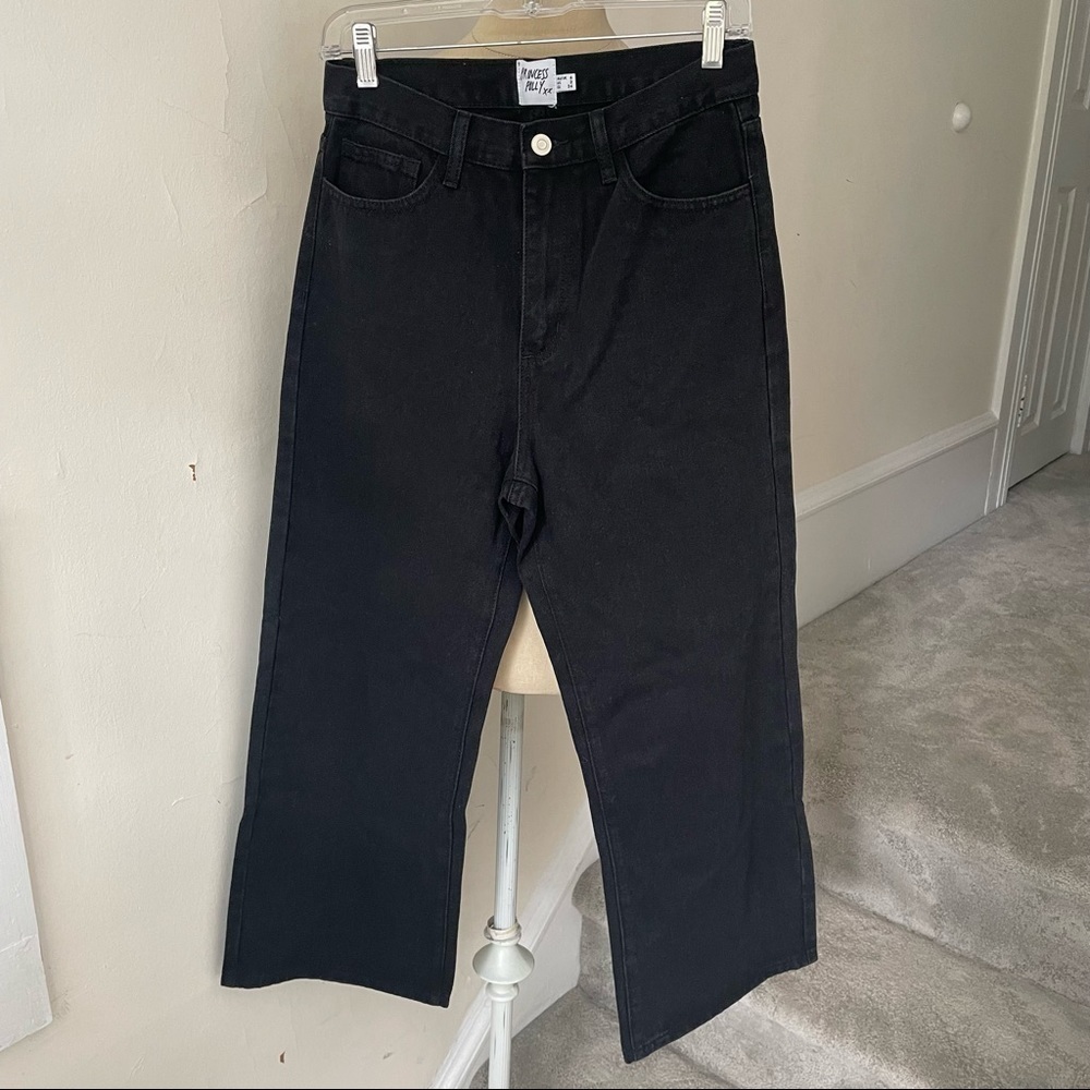 Princess Polly Black Cotton High Waisted Cropped Wide Leg Jeans EUC Size US 2